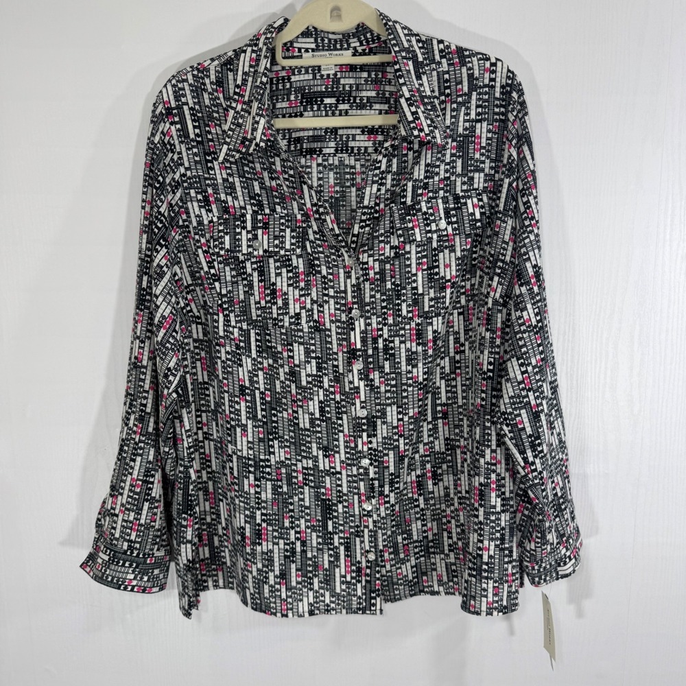 Studio Works Woman 2X Pink Tribal Print Button Down Long Sleeve Shirt Top NWT
